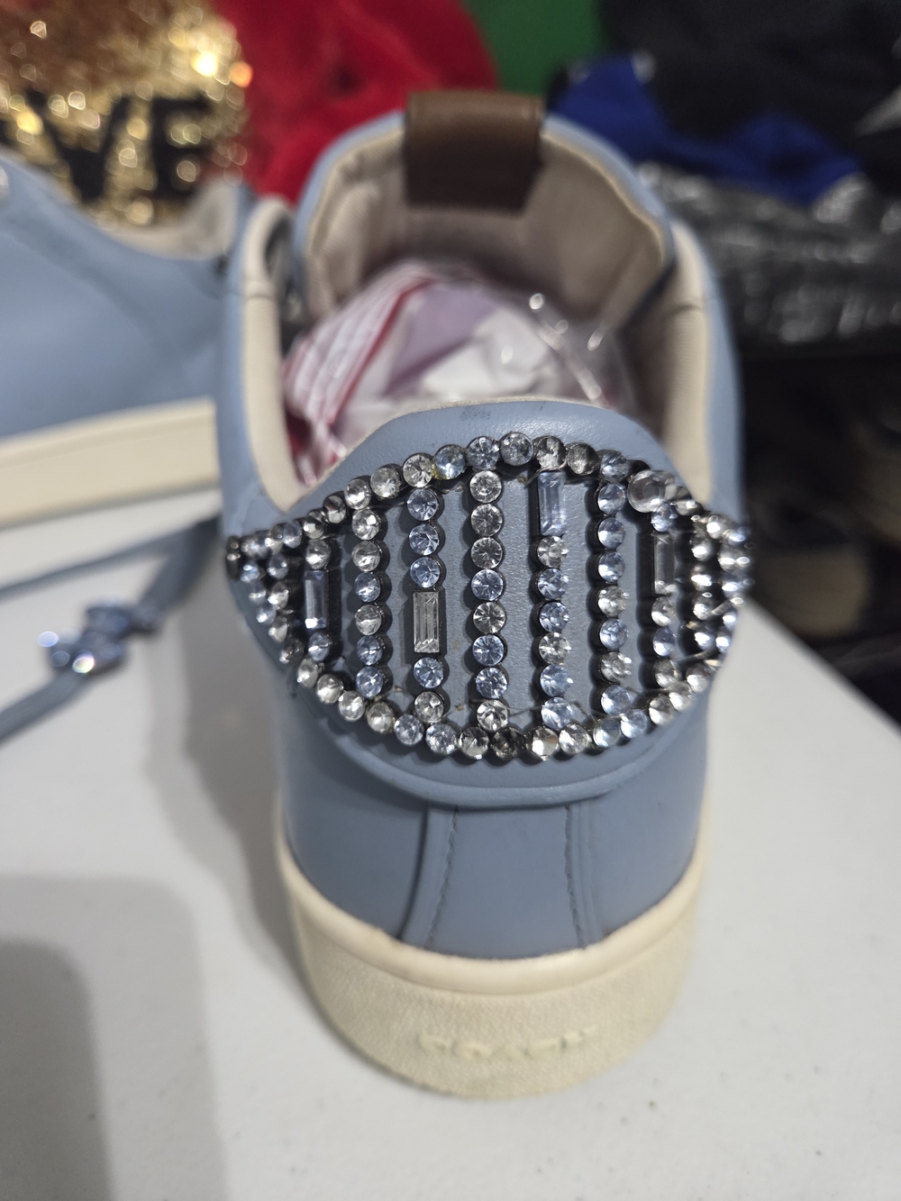 Coach Women Blue Rhinestone Embellished Leather Sneakers/ Crystal Bow Accent 10B - Picture 15 of 16